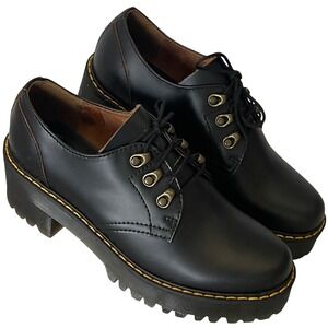 Dr Martens Leona LO Black Leather Platform Oxford‎ Shoes Lug Sole Women's 9 NWT